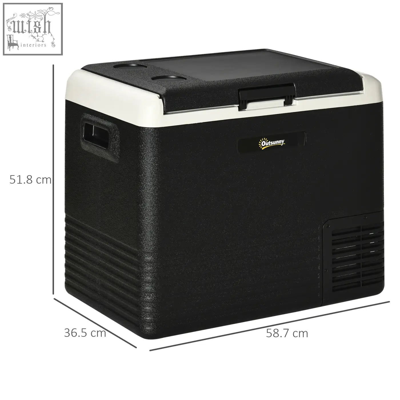 Outsunny 50l black and white portable car refrigerator with textured plastic body handle and vented grille for ice cold storage