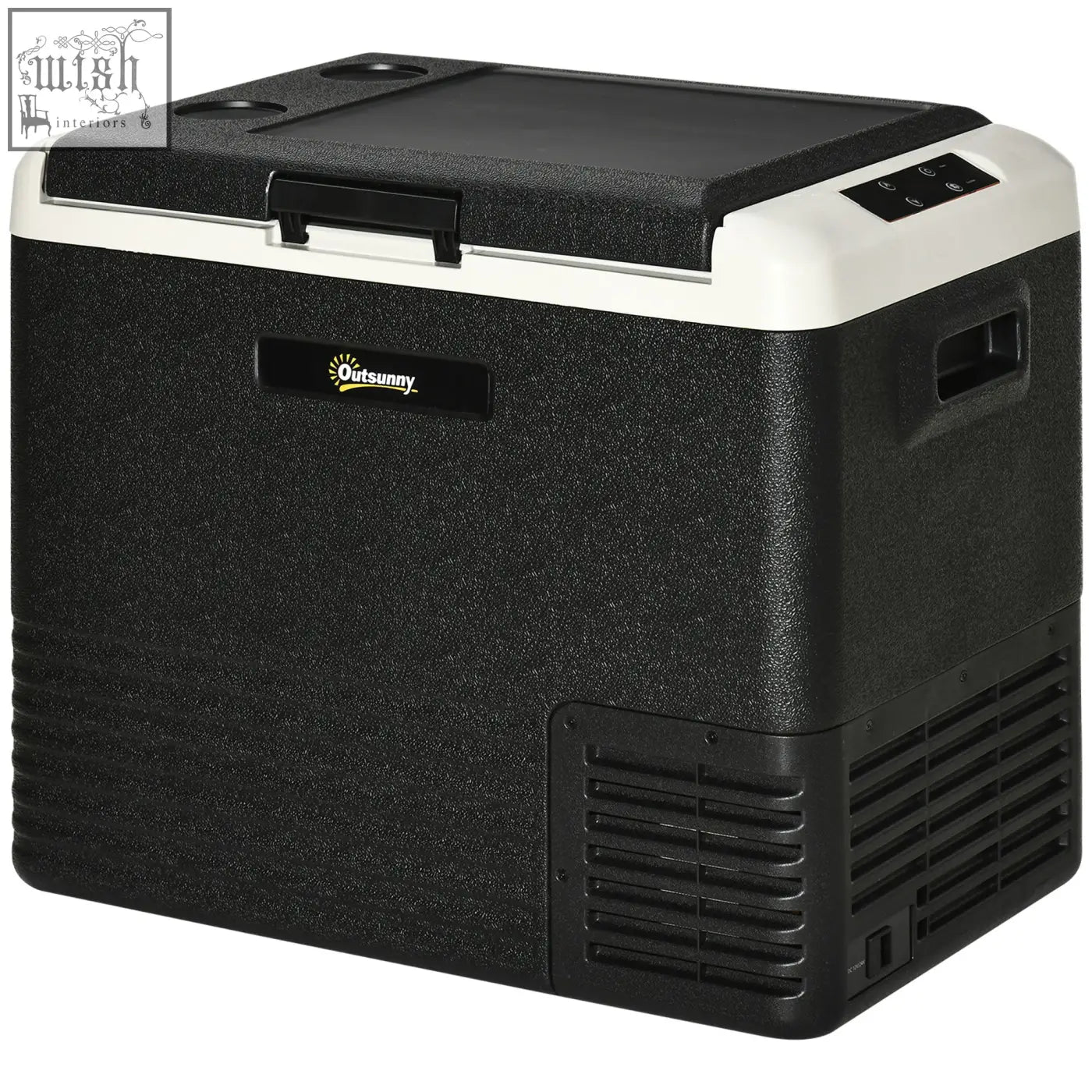 Outsunny 50l black and white portable car refrigerator with textured exterior digital control panel side handle and power cord for ice cold storage