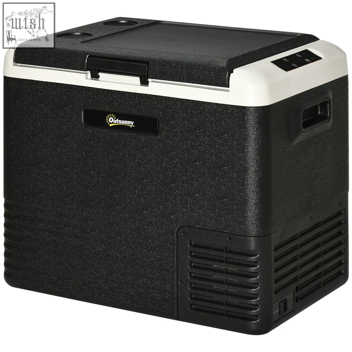 Outsunny 50l black and white portable car refrigerator with textured exterior digital control panel side handle and power cord for ice cold storage