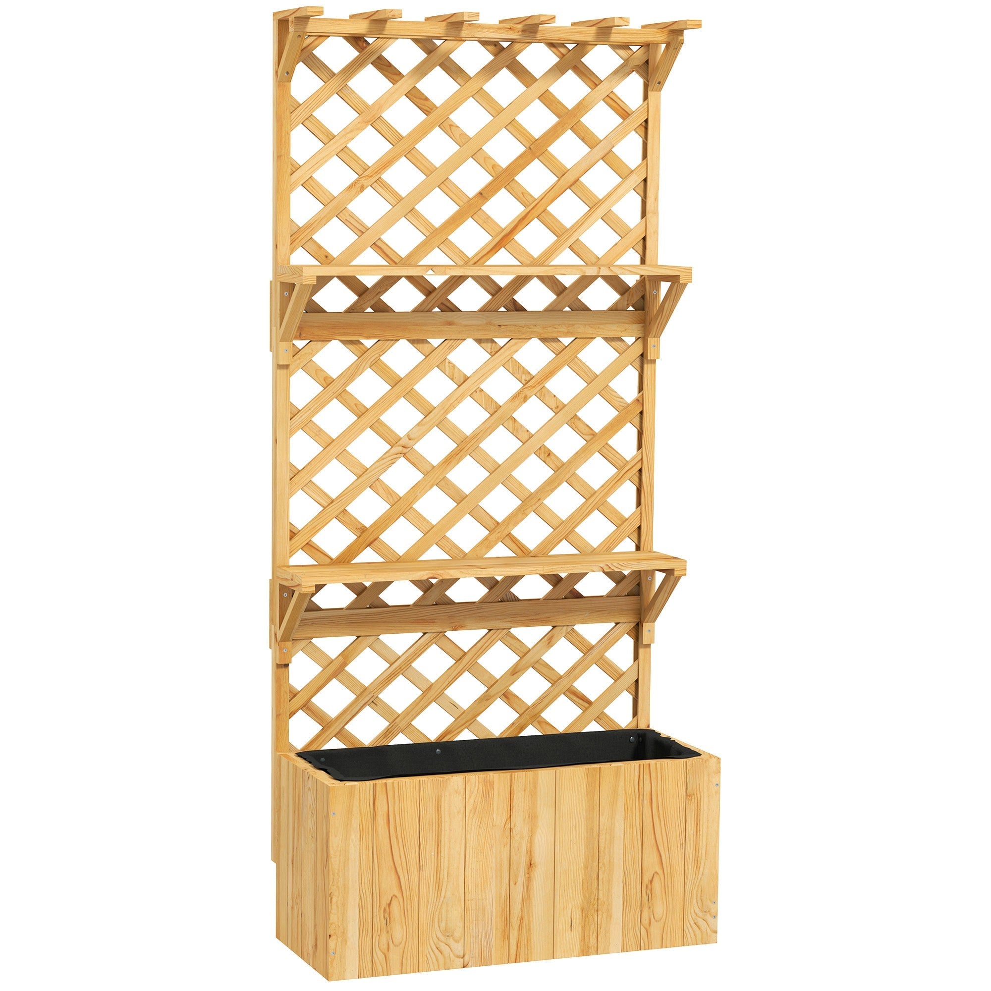 Outsunny 52L fir wood wooden planter with trellis and shelves in natural finish for climbing plants year round use