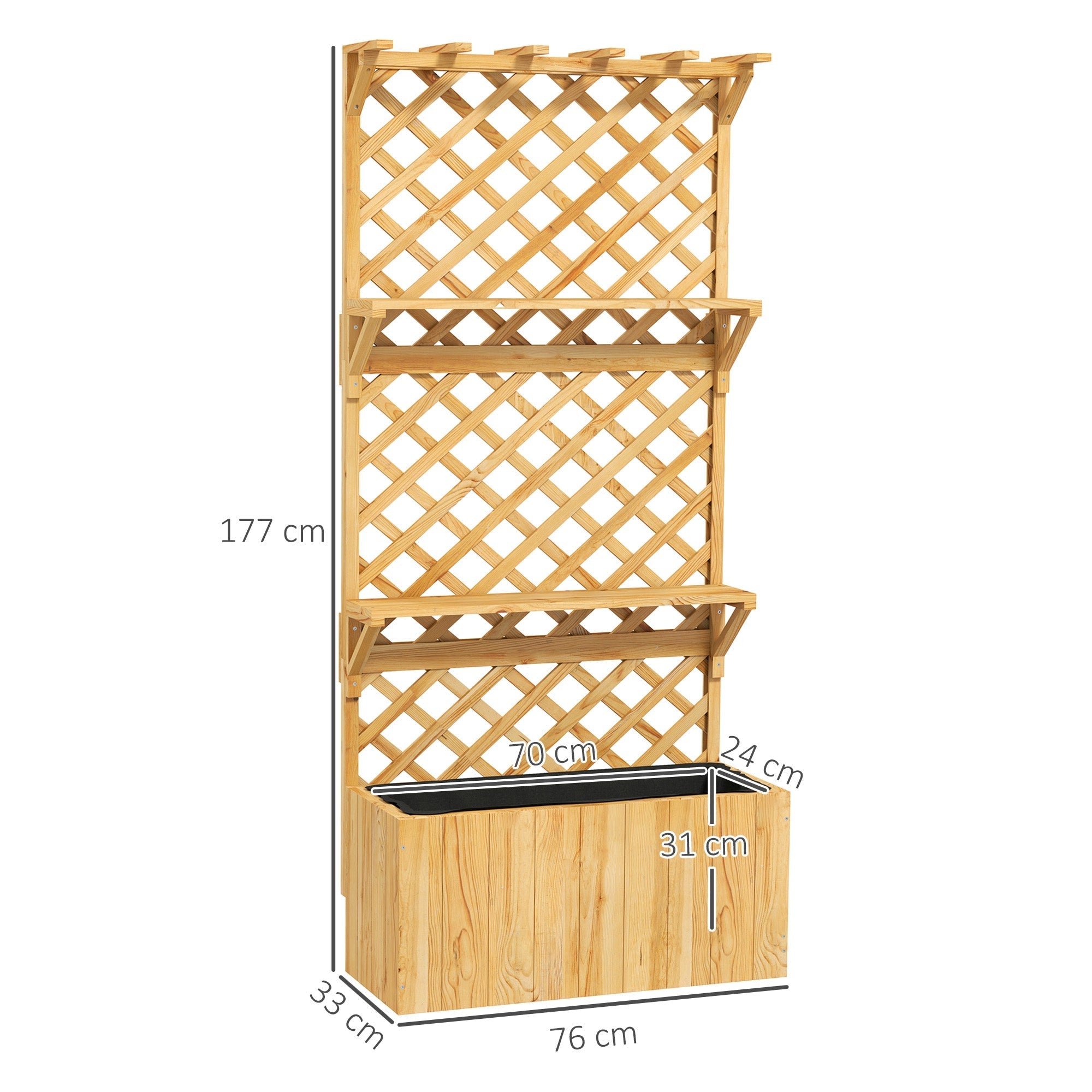 Outsunny 52l wooden planter in natural finish with fir wood trellis and shelves for year round climbing plants