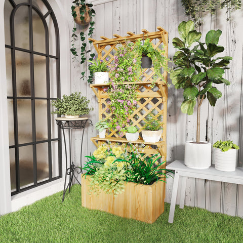 Outsunny 52l wooden planter with trellis and shelves in natural fir wood finish for year round climbing plants display