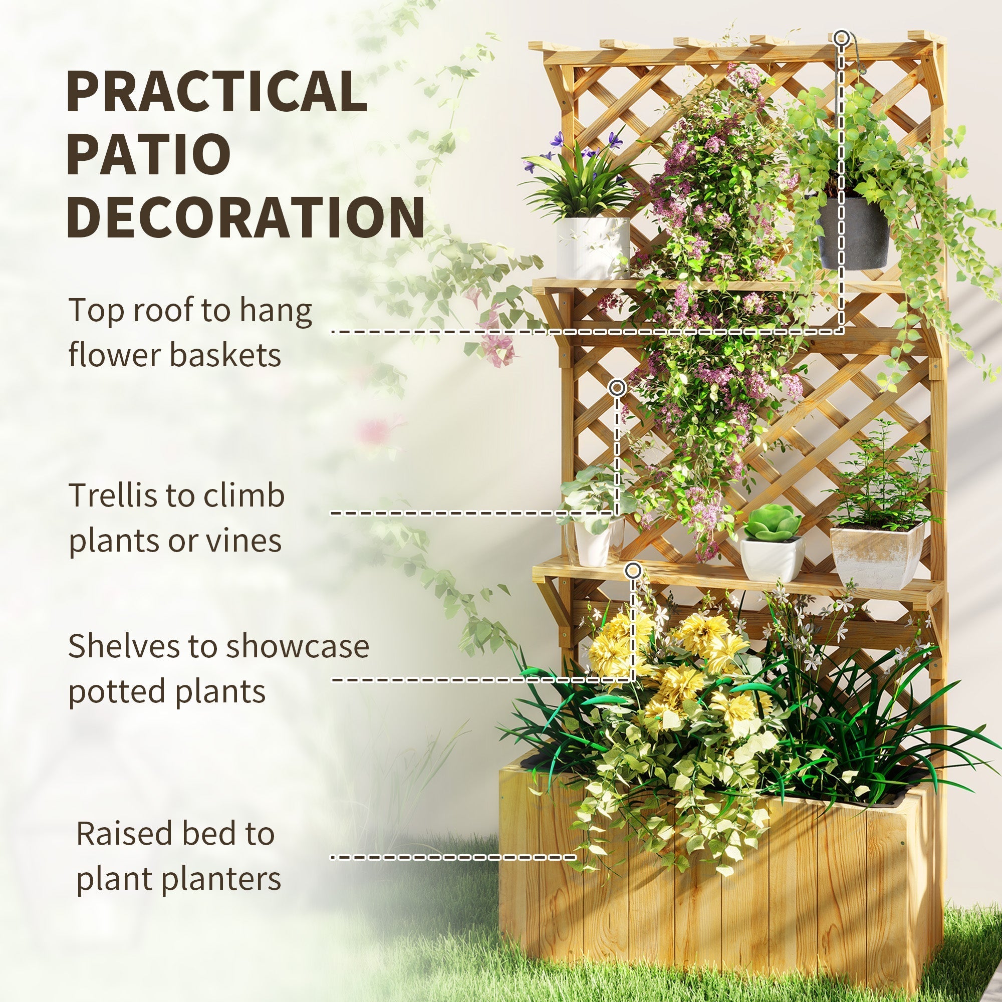 Outsunny 52l wooden planter with trellis and shelves made of natural fir wood for year round climbing plants growing