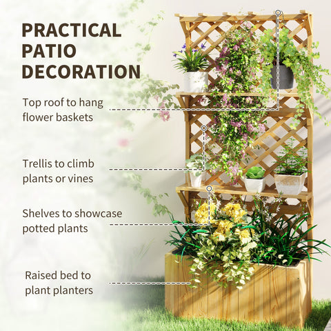 Outsunny 52l wooden planter with trellis and shelves made of natural fir wood for year round climbing plants growing