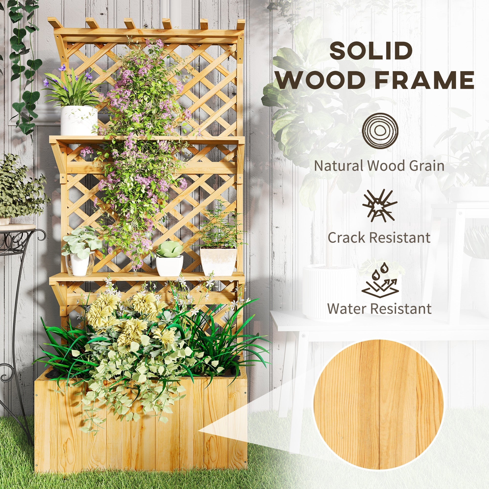 Outsunny 52L fir wood planter with natural finish trellis and shelves perfect for year round climbing plants