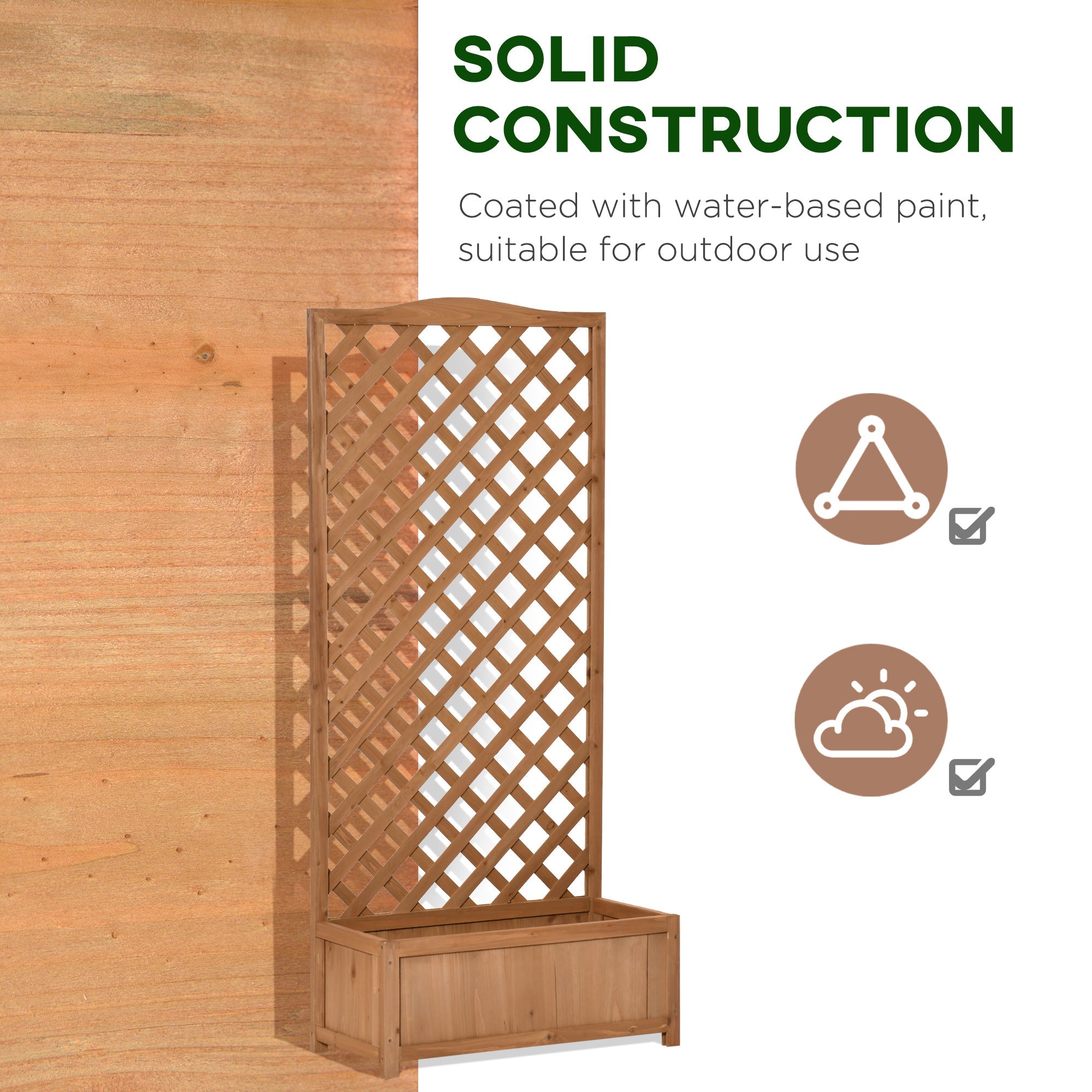 Tan solid wood 76l x 36w garden planter box with trellis for climbing vines by Outsunny