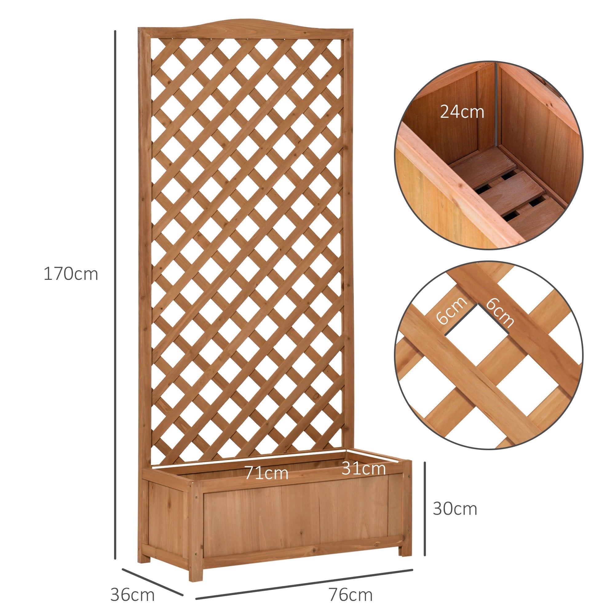 Light brown solid wood 76l x 36w garden planter box with trellis for climbing vines and storage base