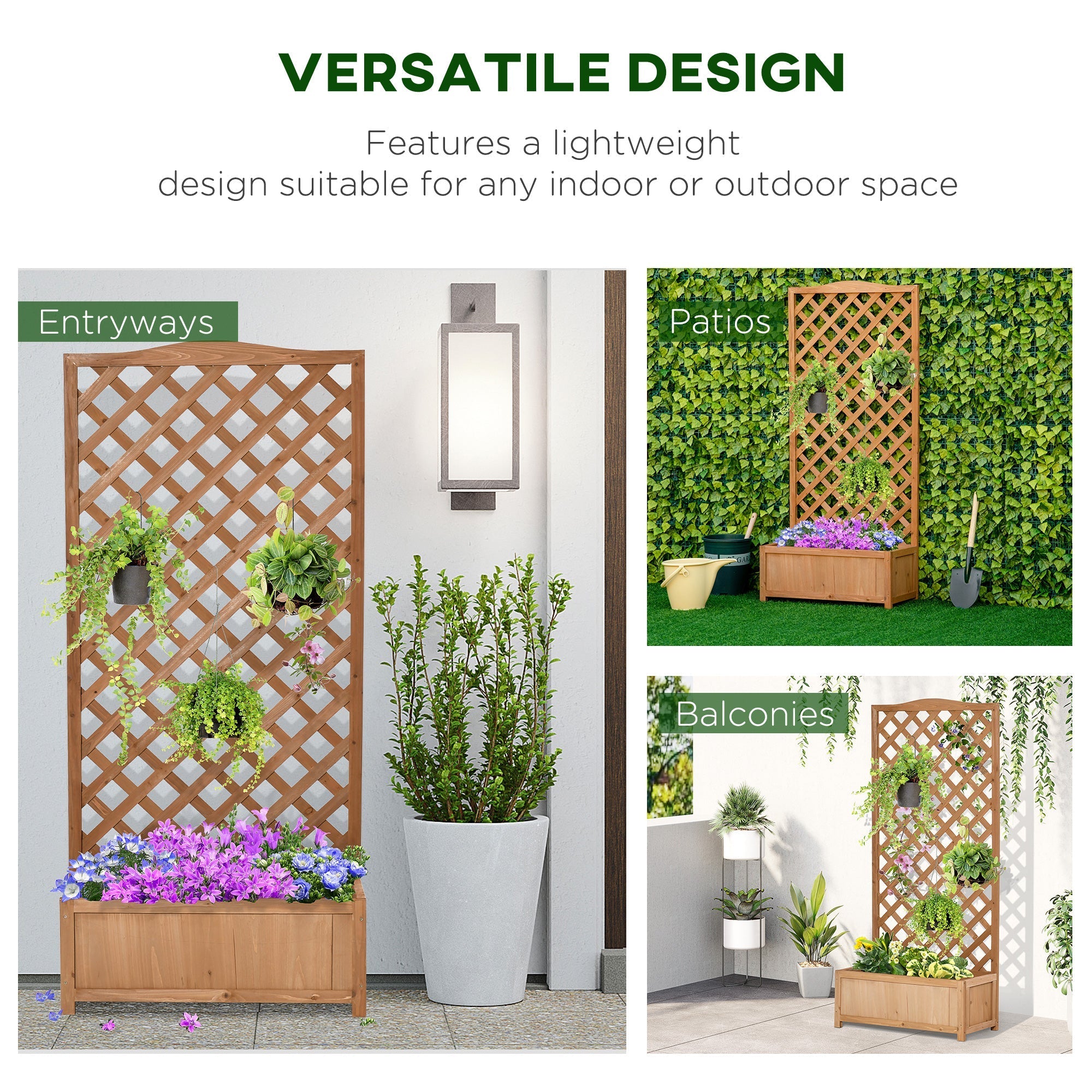 Outsunny 76l x 36w solid wood wooden lattice planter box with trellis in brown for climbing vines and hanging pockets
