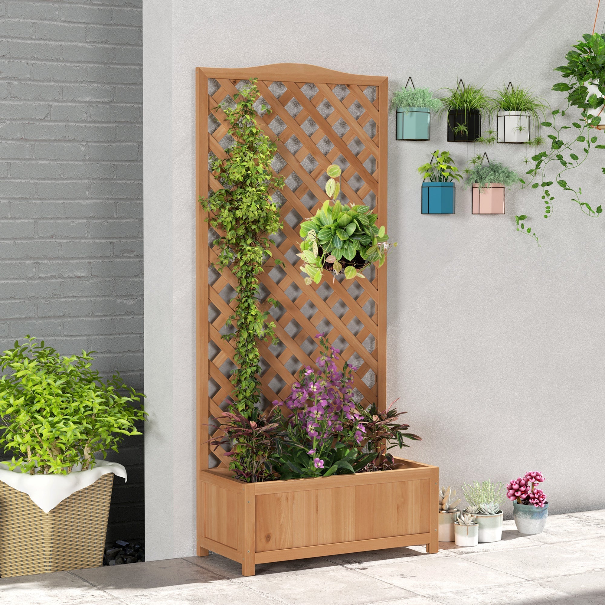 Outsunny 76l x 36w solid wood garden planter box with lattice trellis in natural brown for climbing vines