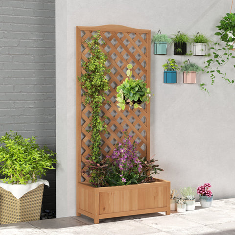 Outsunny 76l x 36w solid wood garden planter box with lattice trellis in natural brown for climbing vines