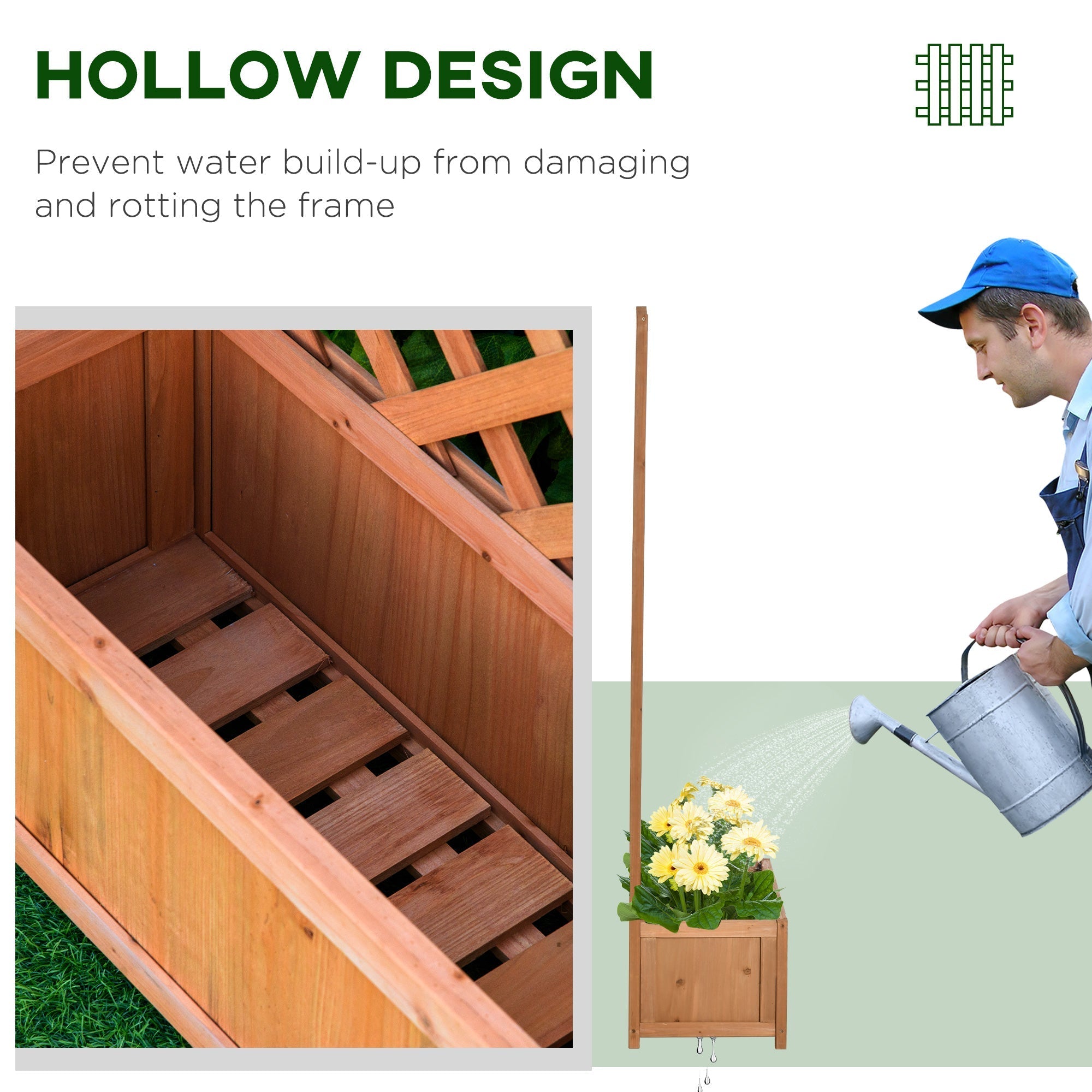 Outsunny 76l x 36w solid wood planter box with hollow slatted design and trellis for climbing vines in brown