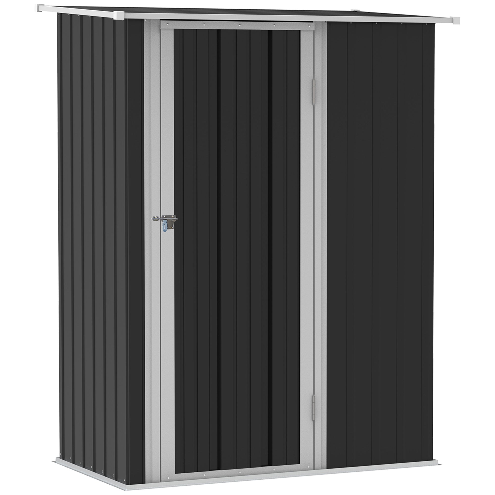 Black corrugated metal garden storage shed with silver trim, lockable door, and sloped roof, compatible with foundation kit