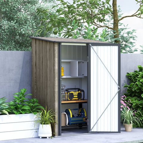 Modern outsunny garden storage shed with gray metal frame wooden panels white door and sloped roof foundation kit