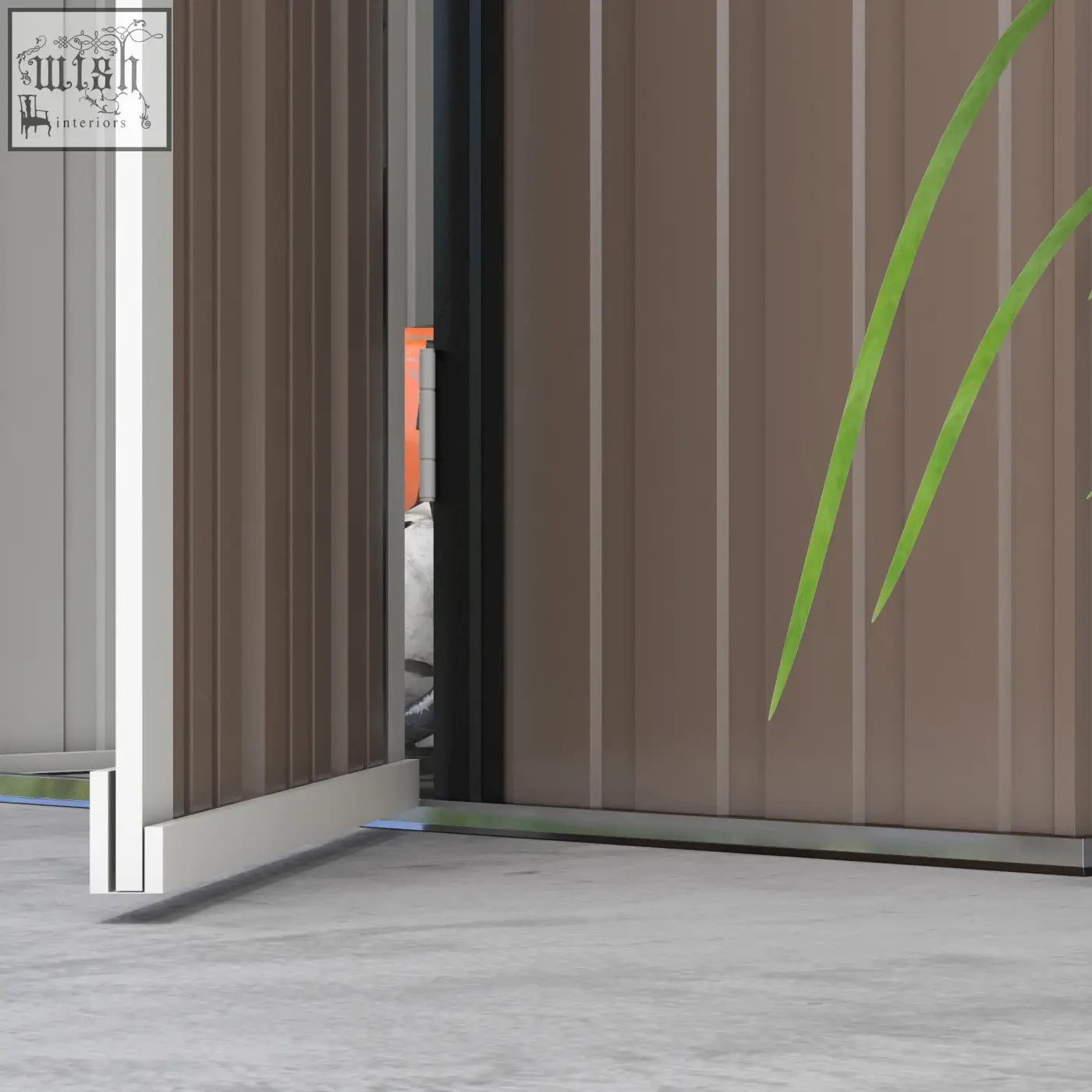 Brown metal garden storage shed door with sloped roof and green accents on sleek metallic threshold for foundation kit