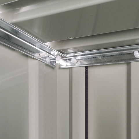 Silver metallic track with white plastic connectors for outsunny garden storage shed with sloped roof and foundation kit