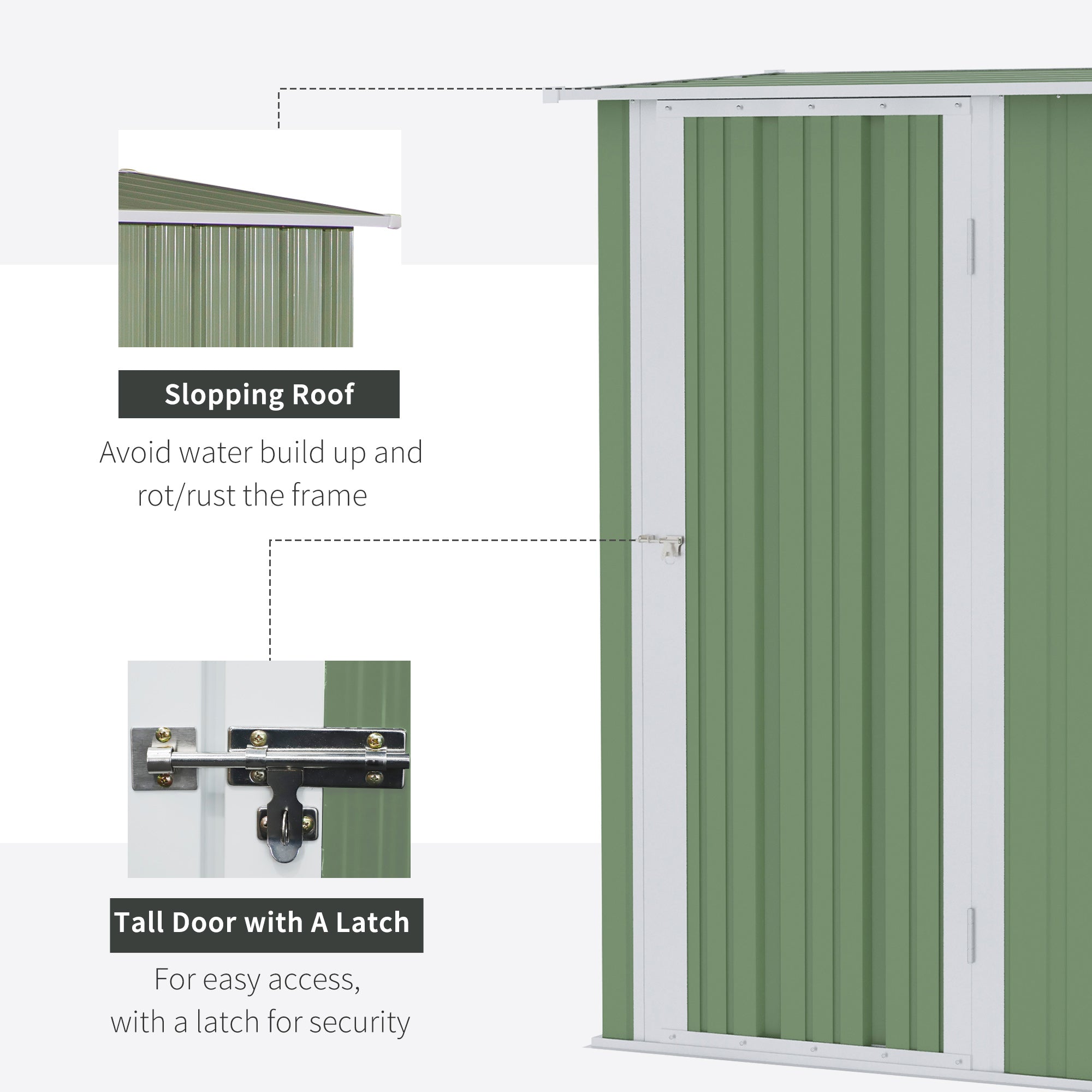 Green metal garden storage shed with white trim sloped roof and lockable door includes foundation kit option