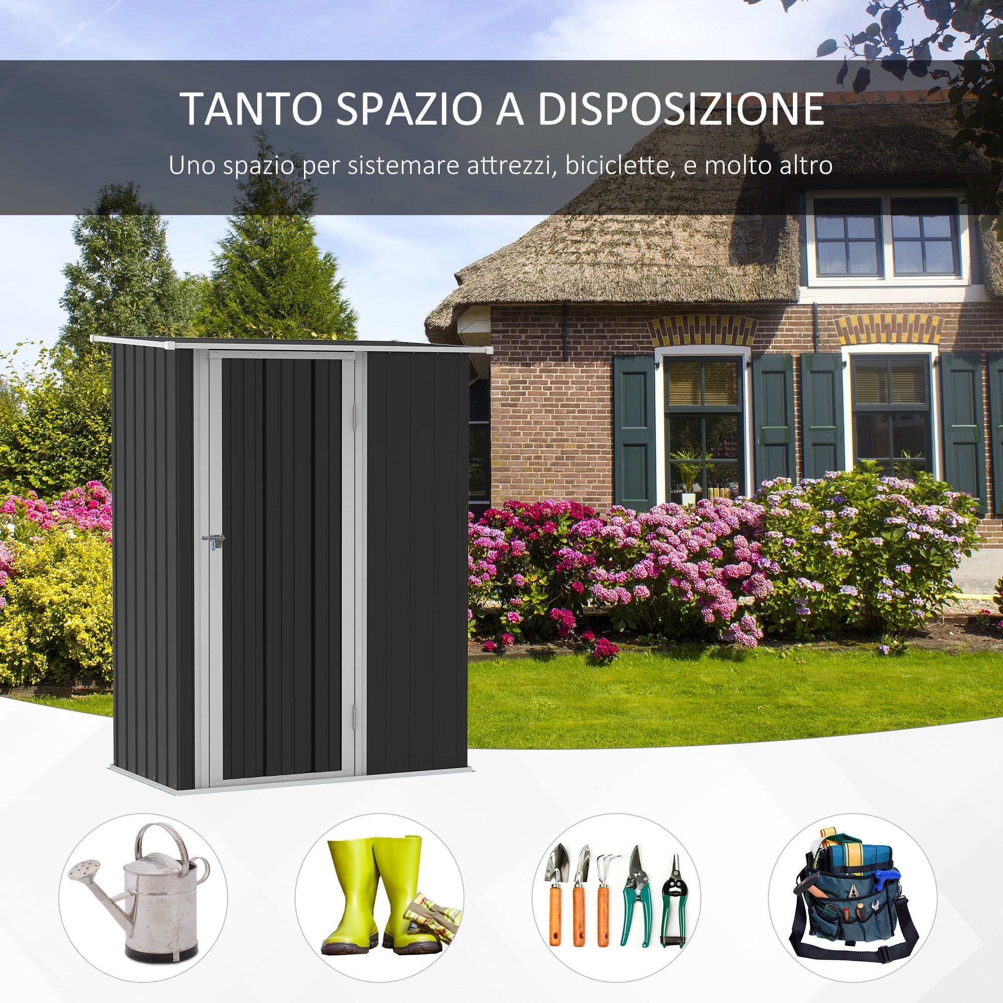 Black metal garden storage shed with silver trim, sloped roof, single lockable door, ideal for outdoor tools with foundation kit