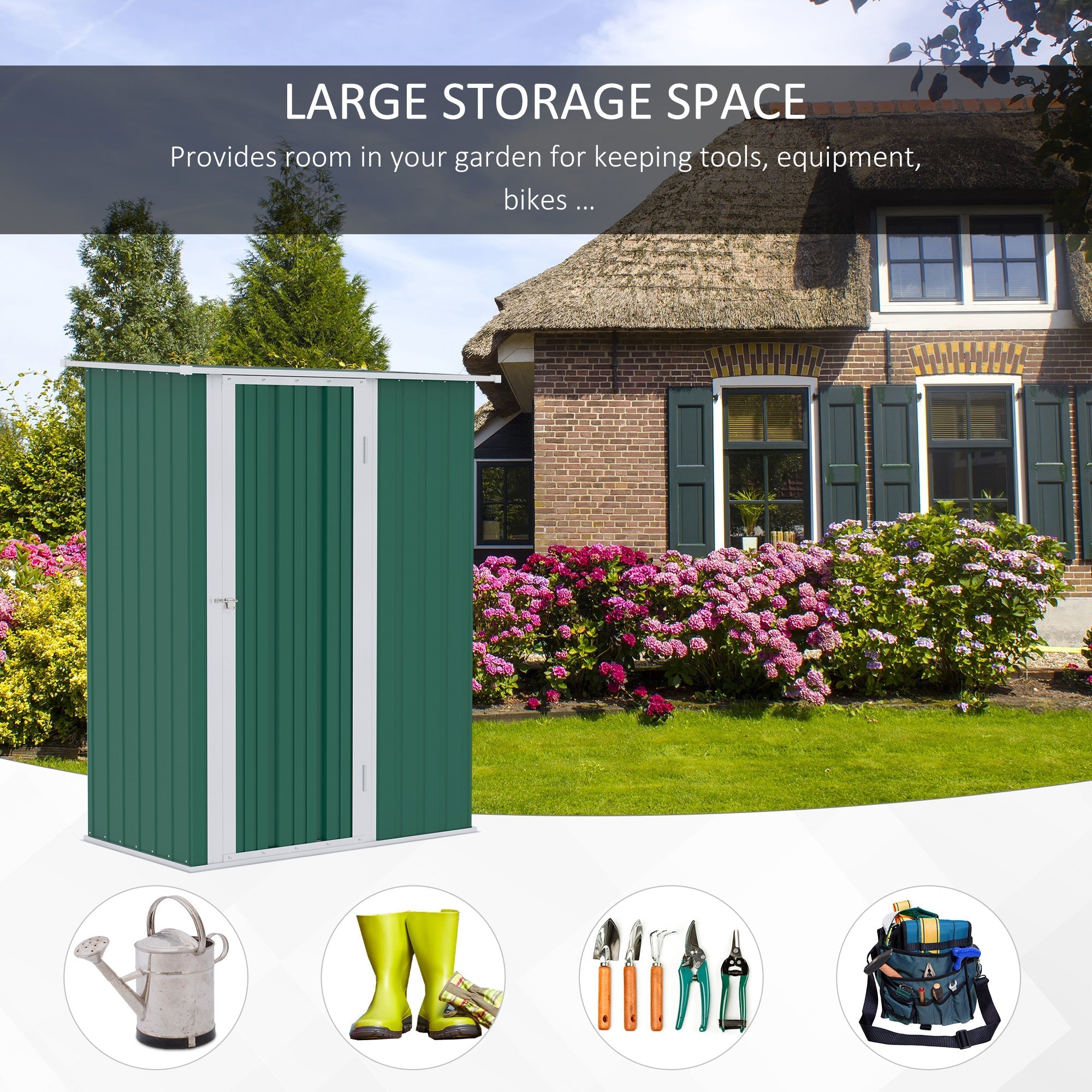 Green metal garden storage shed with white trim vertical paneling sloped roof and foundation kit for tools