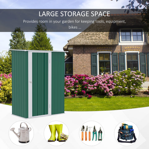Green metal garden storage shed with white trim vertical paneling sloped roof and foundation kit for tools