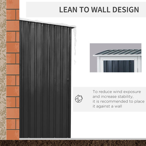 Black corrugated metal garden storage shed with sloped roof and lockable door no foundation kit shown