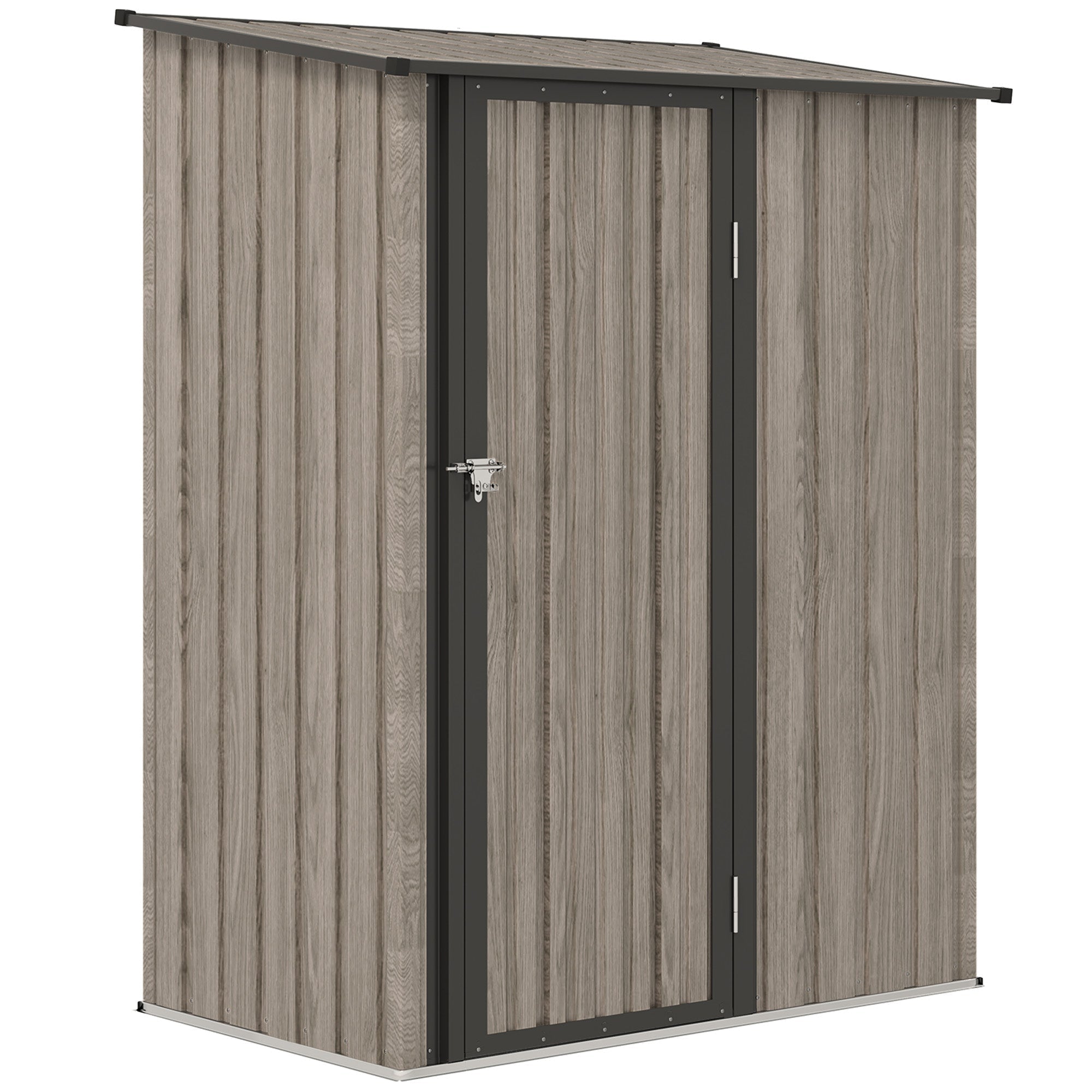 Gray wood-grain metal garden storage shed with sloped roof and lockable black-framed door includes foundation kit