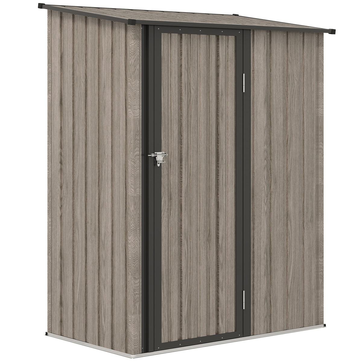 Gray wood-grain metal garden storage shed with sloped roof and lockable black-framed door includes foundation kit