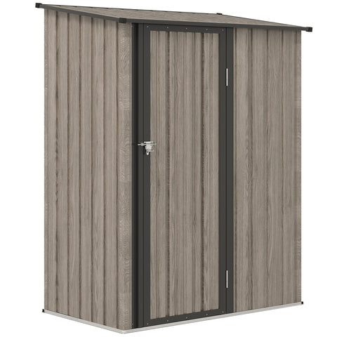 Gray wood-grain metal garden storage shed with sloped roof and lockable black-framed door includes foundation kit