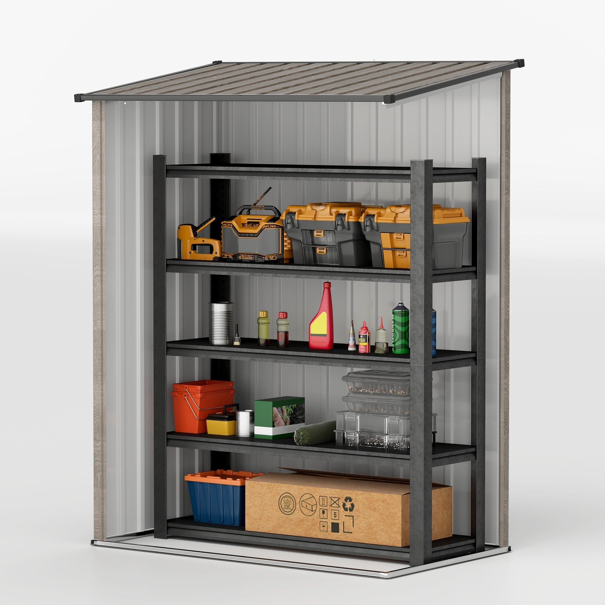 Black metal shelving unit with tools inside light grey outsunny garden storage shed with sloped roof and foundation kit