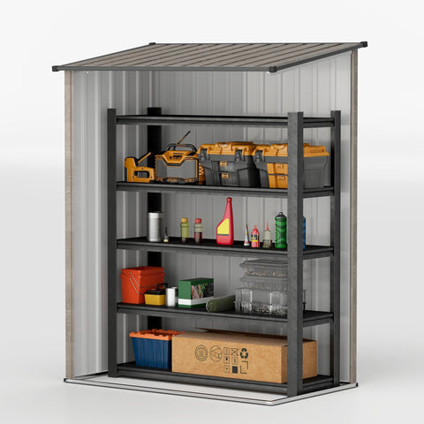 Black metal shelving unit with tools inside light grey outsunny garden storage shed with sloped roof and foundation kit