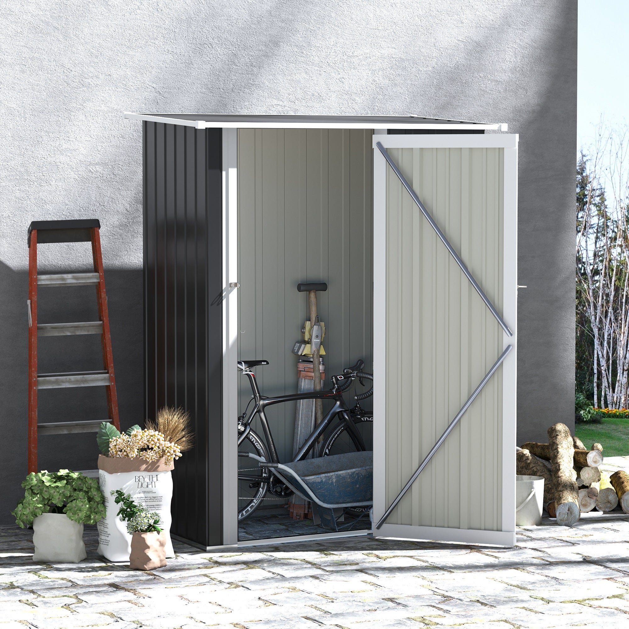 Outsunny 5ft x 3ft metal garden storage shed with sloped roof black beige corrugated metal exterior and foundation kit