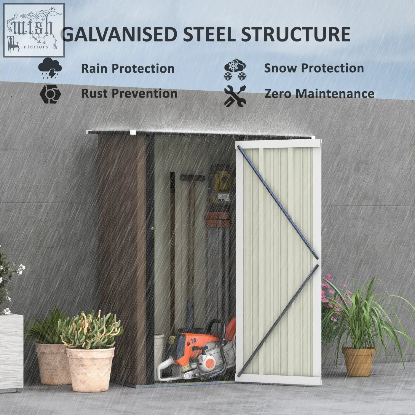 White galvanized steel garden storage shed with sloped roof and lockable door showing stored tools and foundation kit option