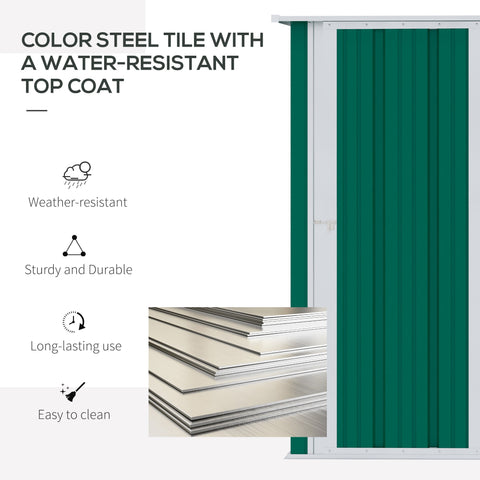 Green steel tile with water-resistant top coat on sloped roof of outsunny garden storage shed with foundation kit