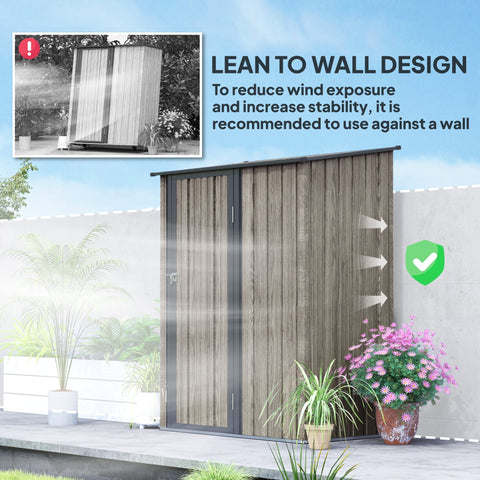 Outsunny 5ft x 3ft light grey metal garden storage shed with wood-grain texture black-framed double doors and sloped roof
