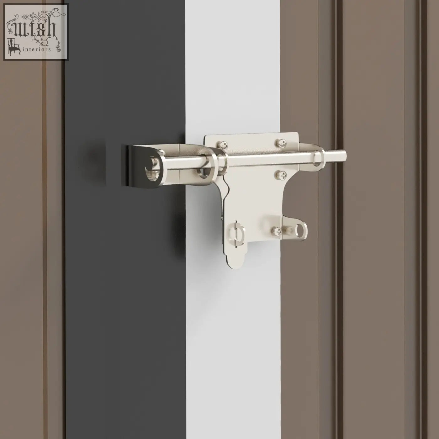 Silver-toned metal door latch on brown outsunny garden storage shed with sloped roof and sturdy foundation kit