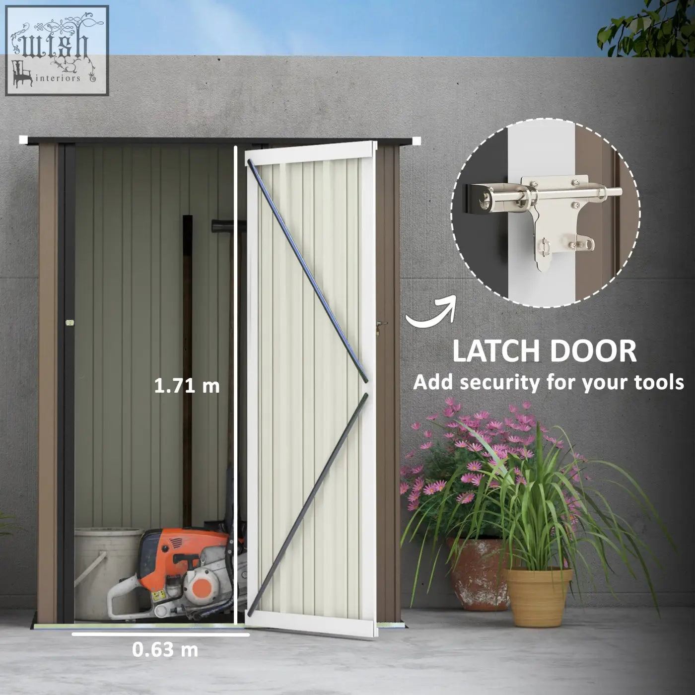 Beige and brown metal garden storage shed with sloped roof and latch door for secure outdoor tool storage