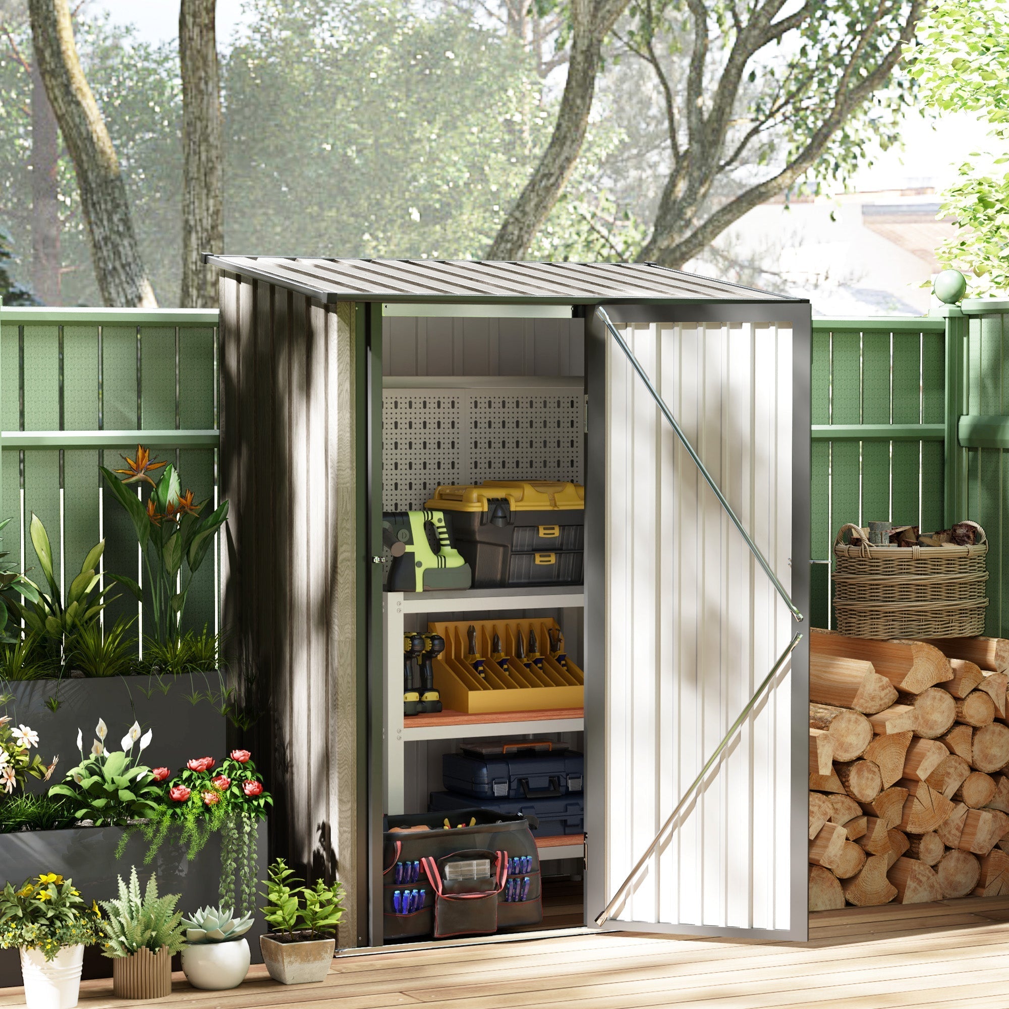 Gray metal garden storage shed with sloped roof and open door showing organized shelves includes foundation kit