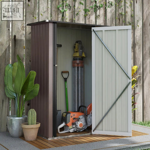 Brown and gray metal garden storage shed with sloped roof and diagonal support bars on the lockable door, no foundation kit shown