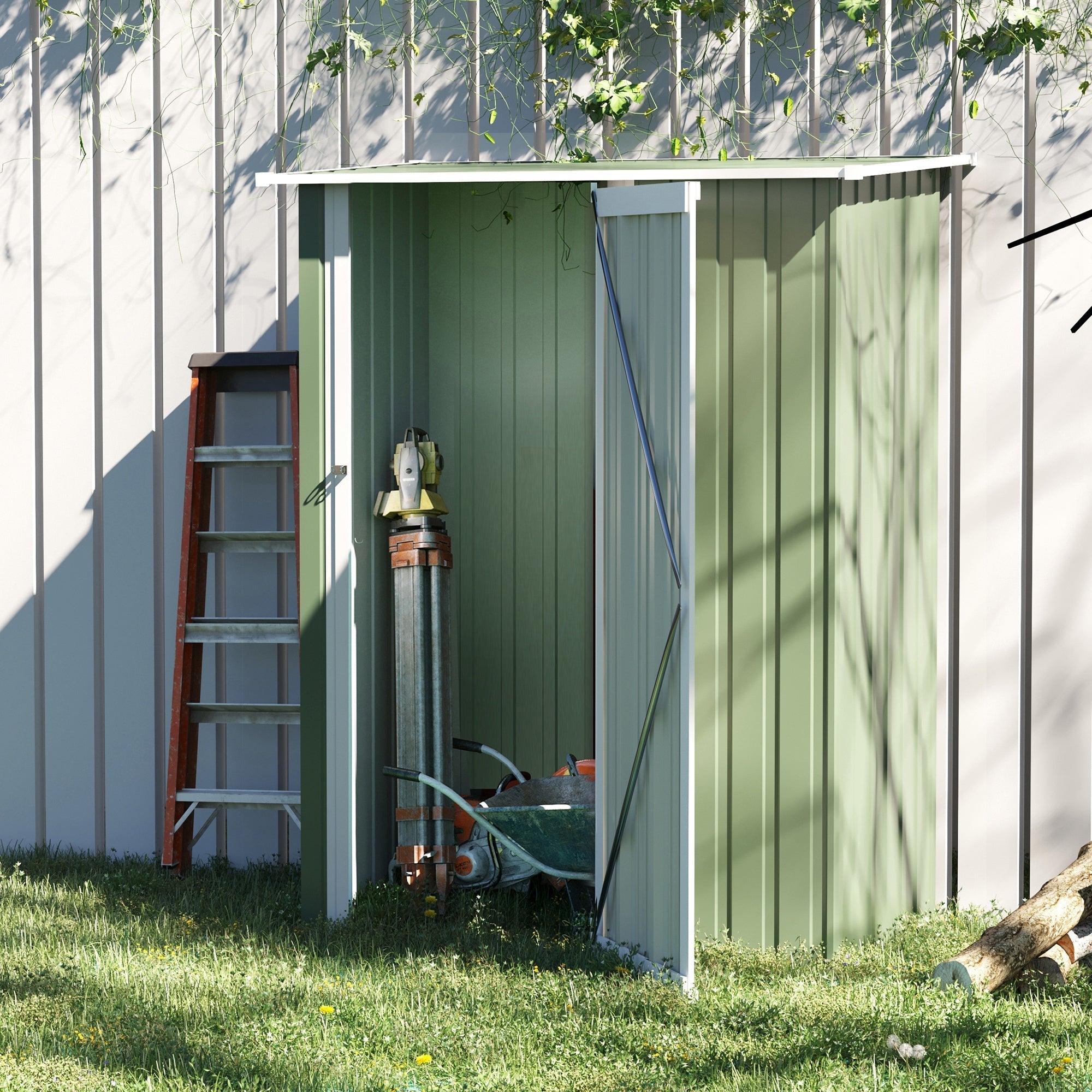 Green metal garden storage shed with white trim open door shows tools inside sloped roof and foundation kit ready