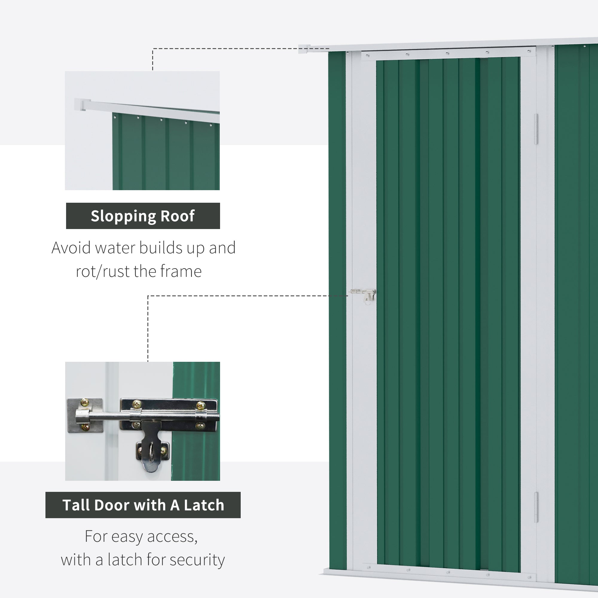 Green corrugated metal garden storage shed with white frame sloped roof tall lockable door includes foundation kit
