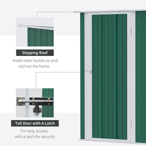 Green corrugated metal garden storage shed with white frame sloped roof tall lockable door includes foundation kit