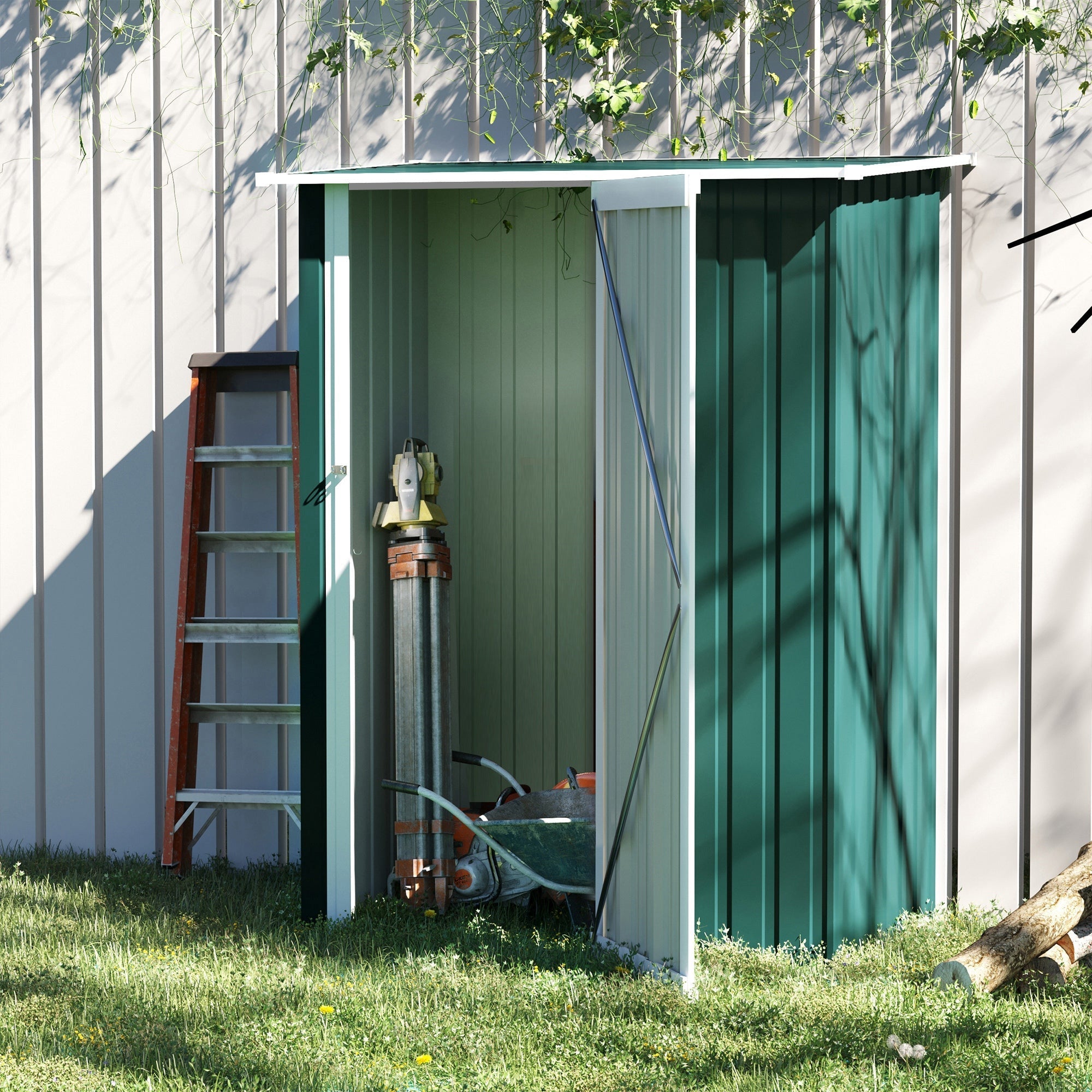 Green metal garden storage shed with white trim and open door features a sloped roof and fits a foundation kit