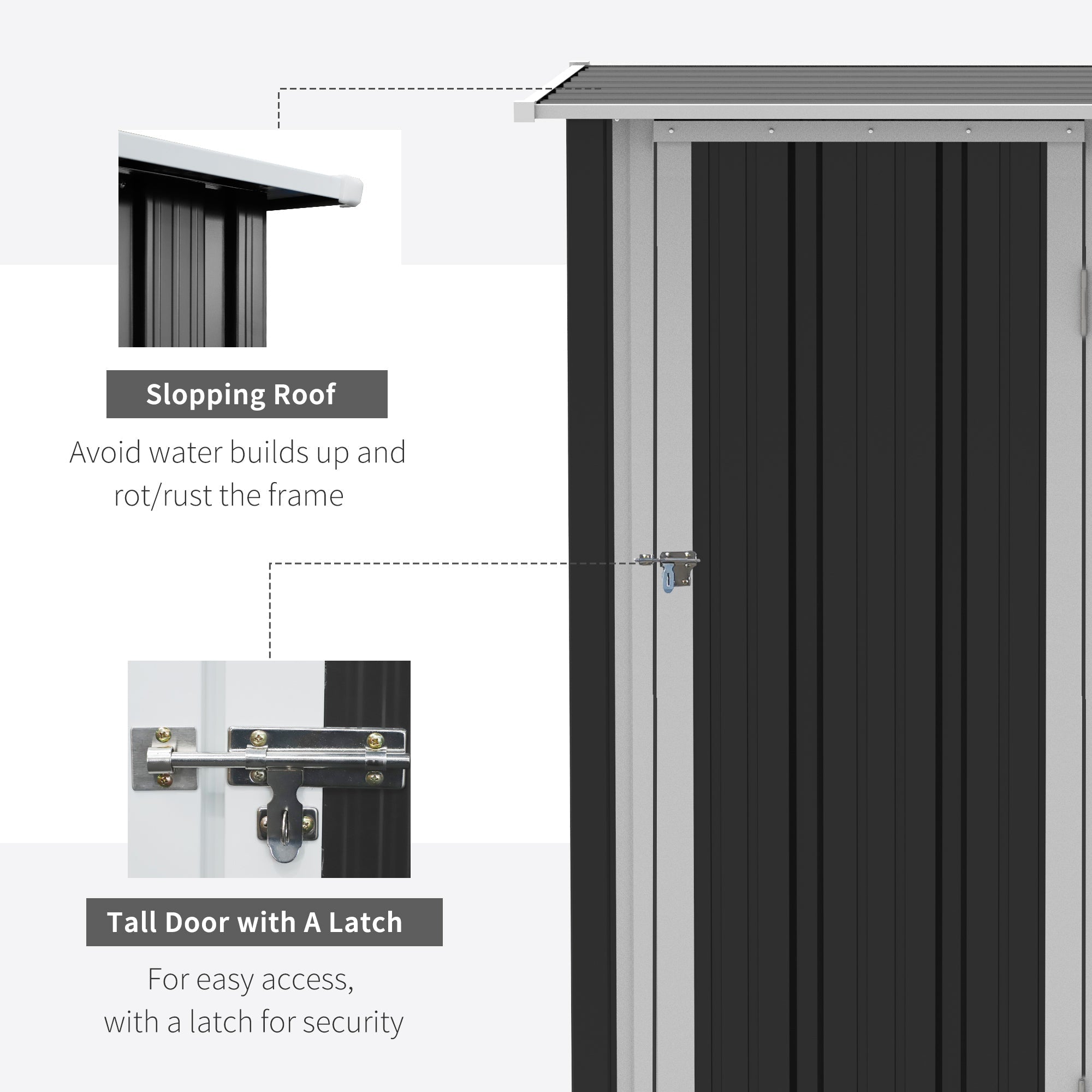 Black corrugated metal garden storage shed with sloped roof and lockable tall door, includes foundation kit for tools