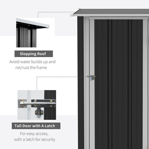Black corrugated metal garden storage shed with sloped roof and lockable tall door, includes foundation kit for tools
