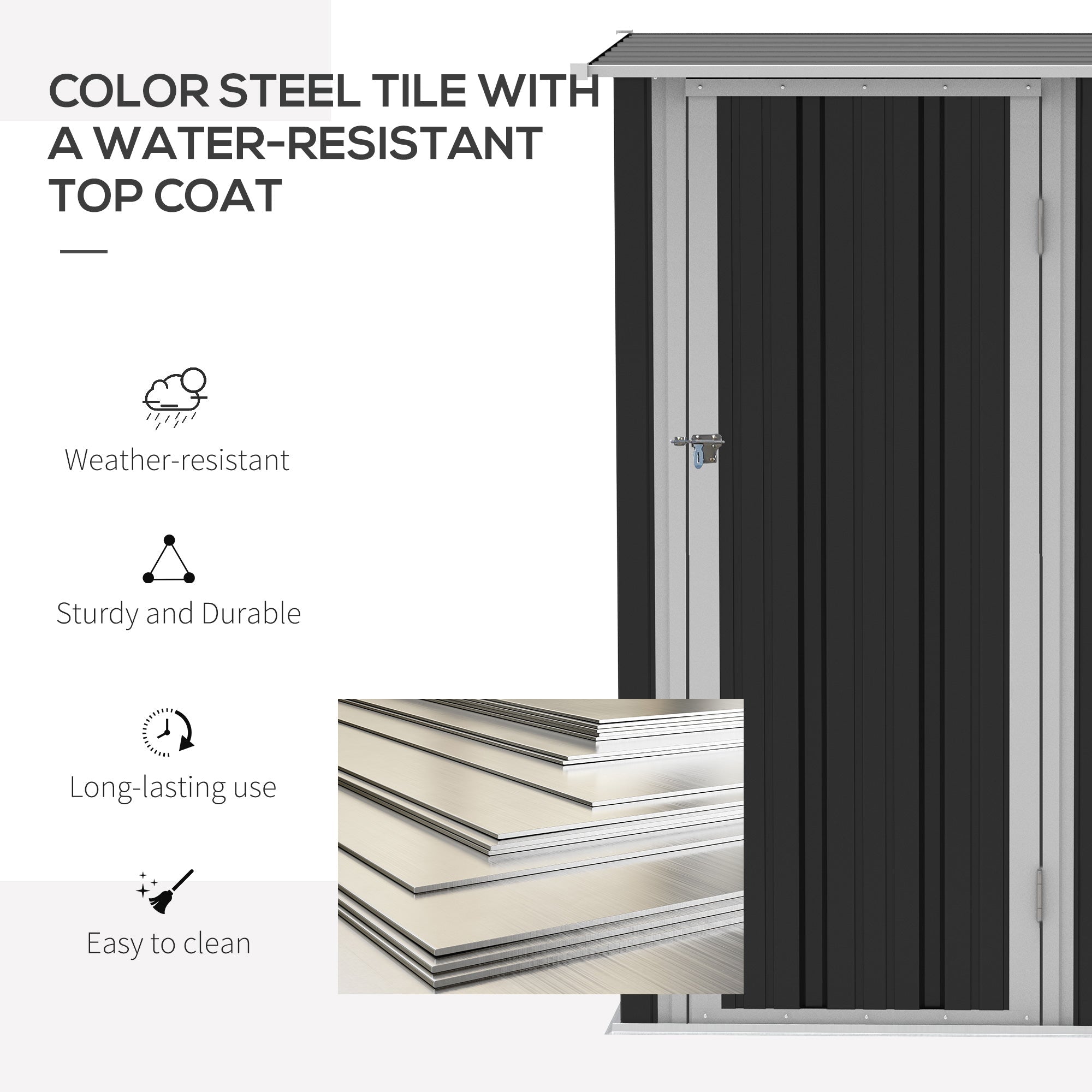 Black steel tile with water-resistant top coat on outsunny grey metal garden storage shed with sloped roof and foundation kit