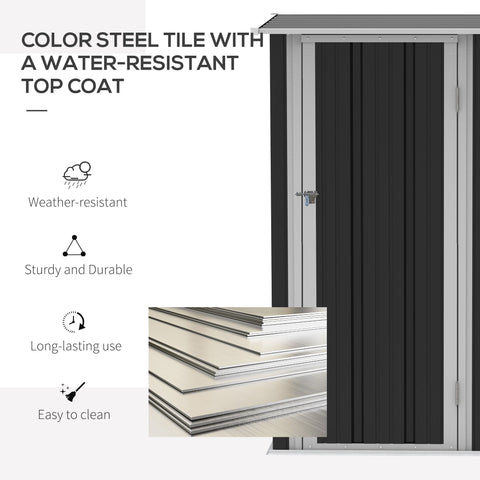 Black steel tile with water-resistant top coat on outsunny grey metal garden storage shed with sloped roof and foundation kit