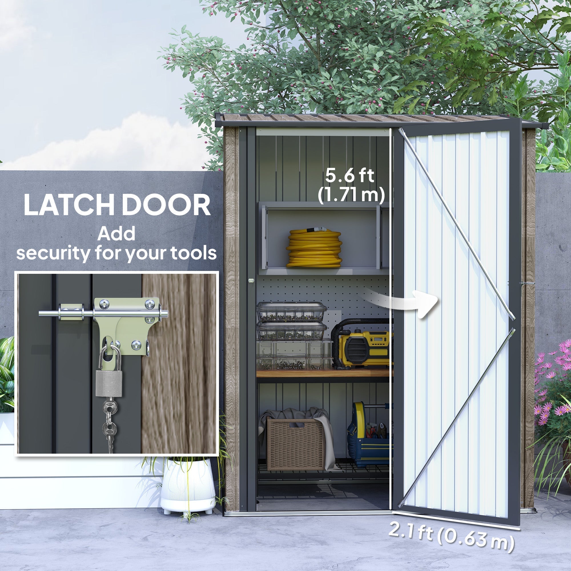 Gray metal garden storage shed with white vertical paneling and sloped roof includes foundation kit option