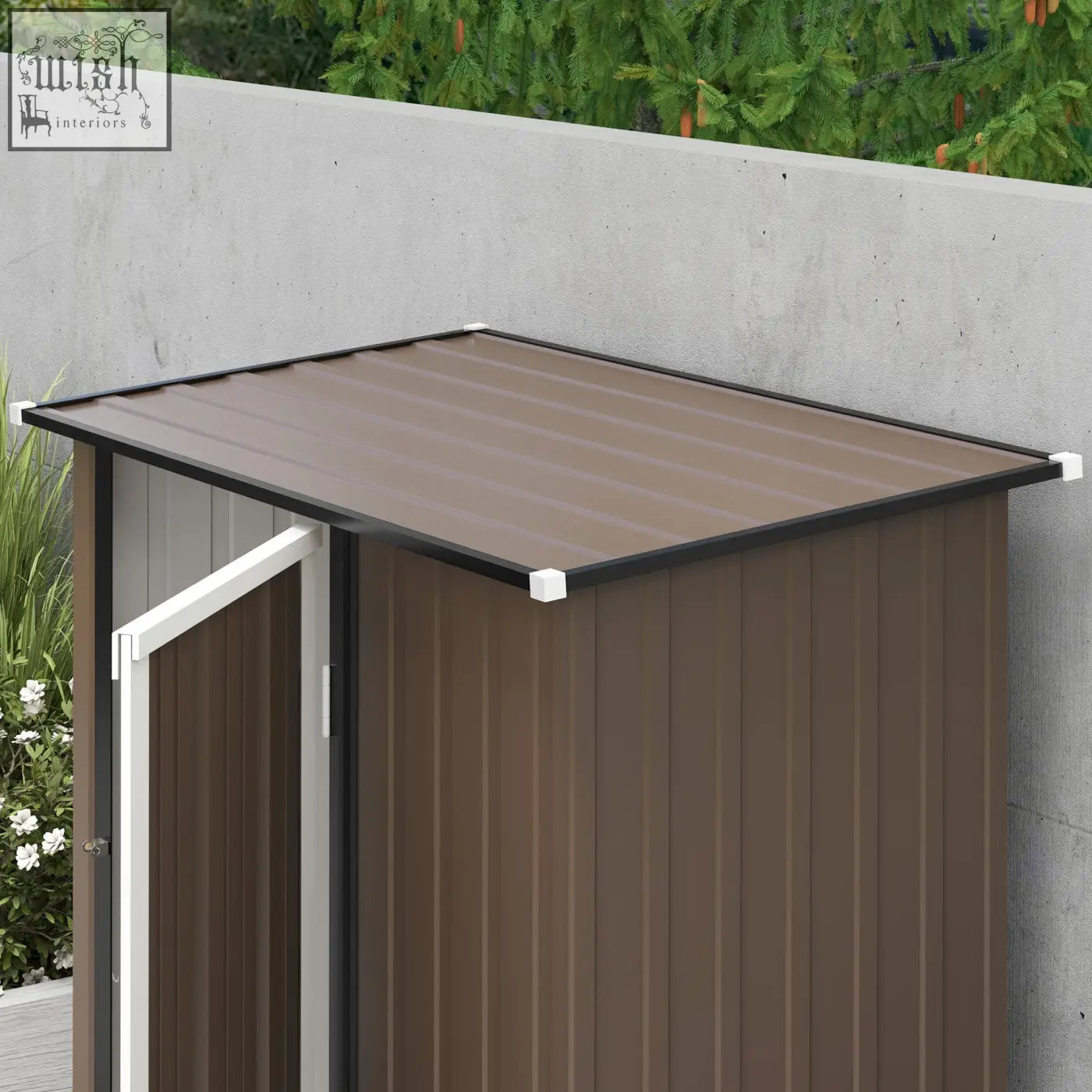 Brown corrugated metal garden storage shed with sloped roof black trim white corner caps and lockable door foundation kit ready