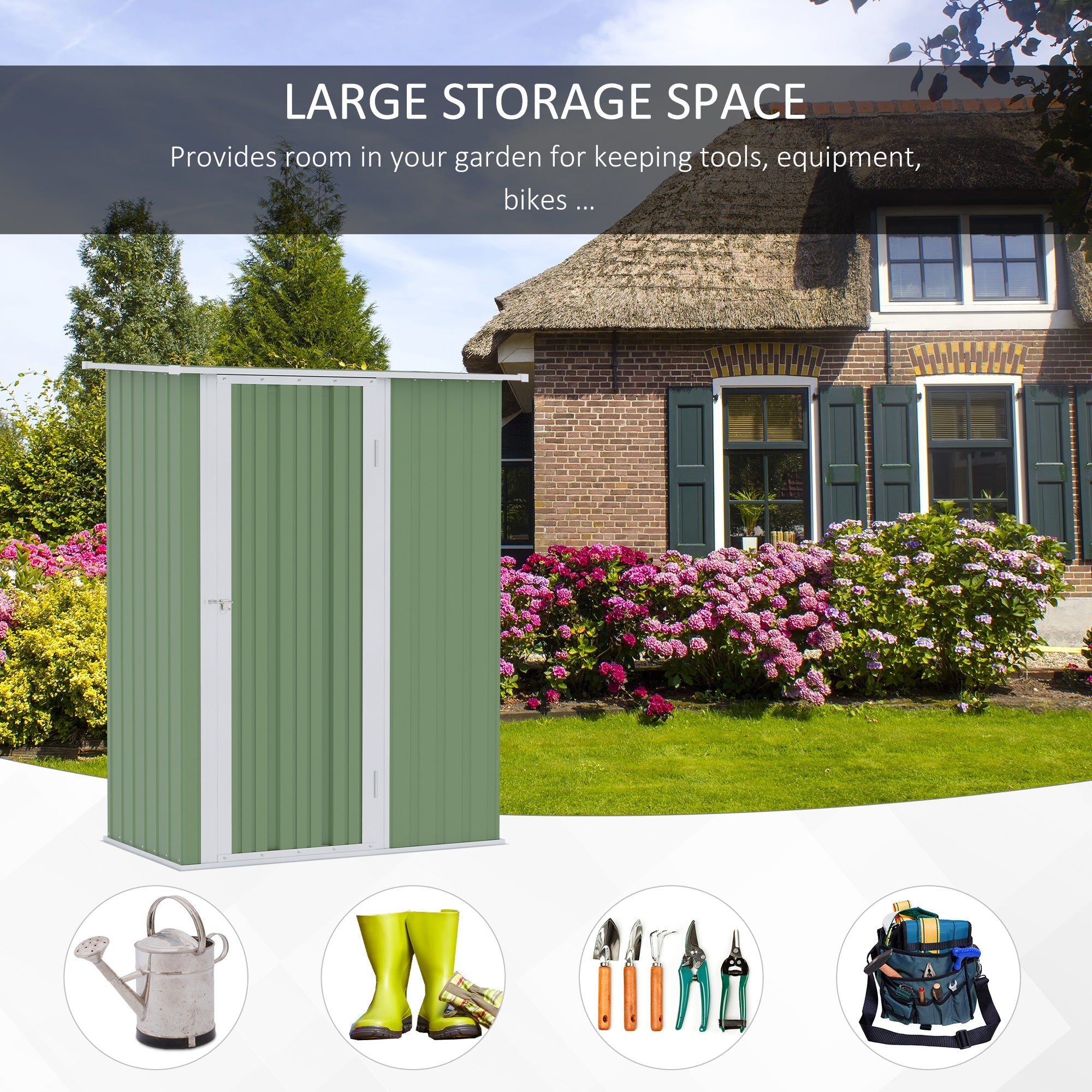 Green metal garden storage shed with white trim vertical paneling sloped roof and optional foundation kit