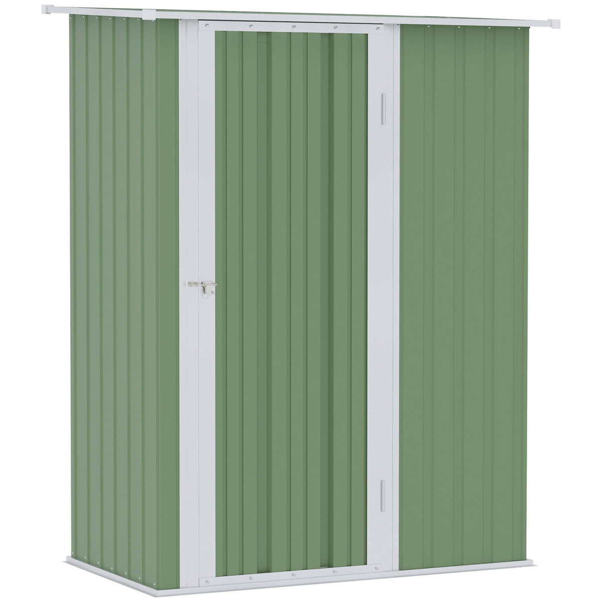 Green corrugated metal garden storage shed with white trim sloped roof and lockable door no foundation kit shown