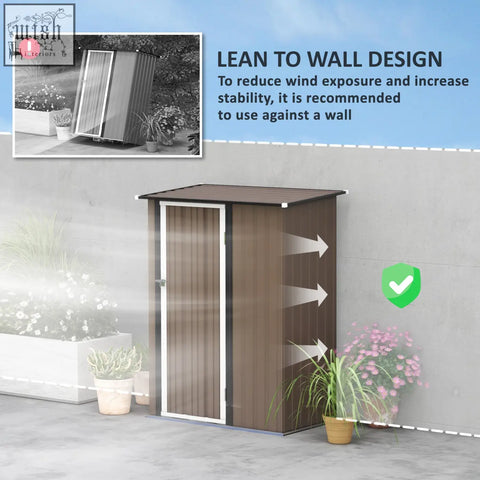 Brown metal garden storage shed with white door and sloped roof designed for tools and includes foundation kit option